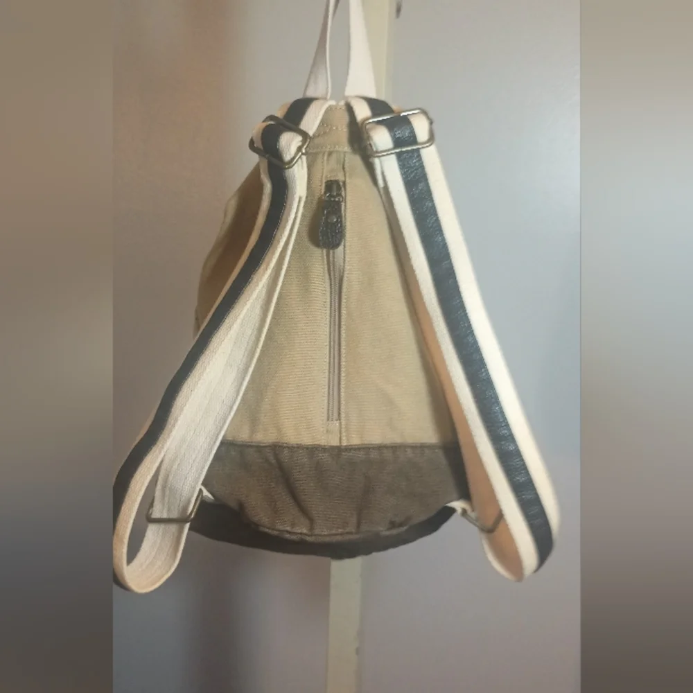 Tan Canvas Backpack with White Rope Drawstring - Picture 2 of 3